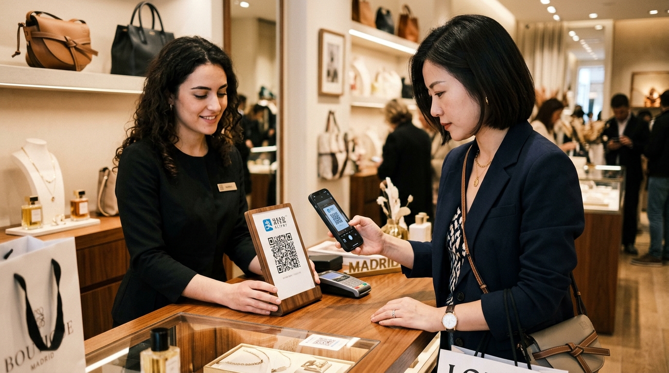 Touriste chinoise payant avec Alipay dans une boutique madrilène