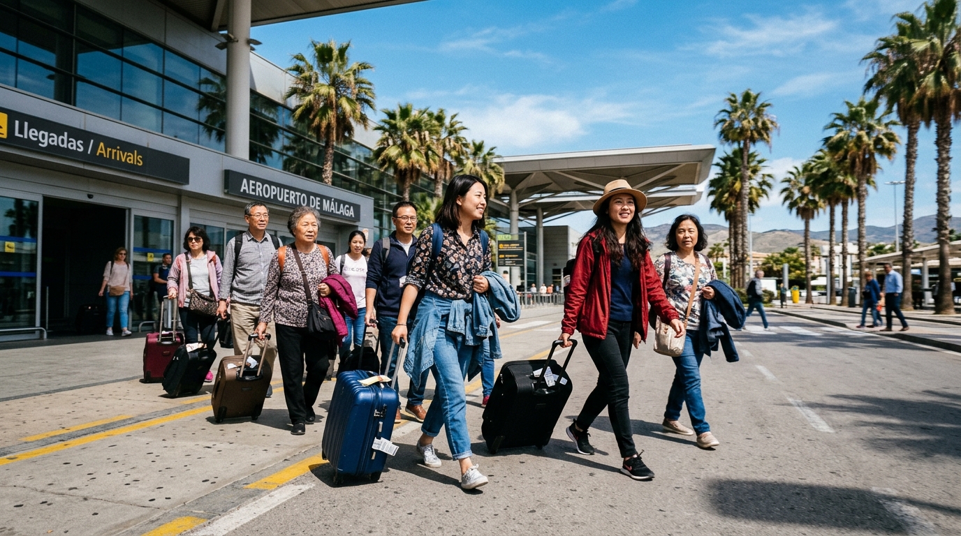 Touristes chinois arrivant dans un aéroport espagnol ensoleillé