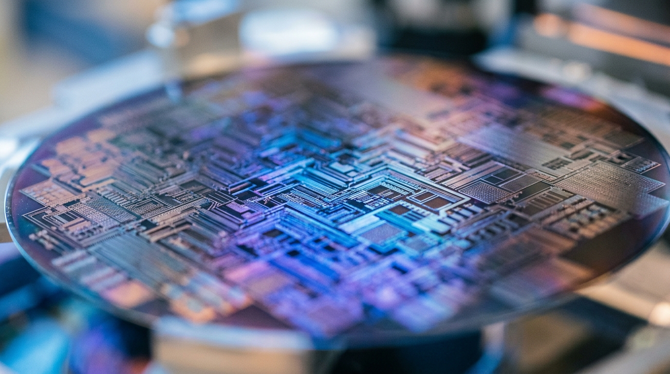 Tranche de silicium avec circuits gravés en macro photographie
