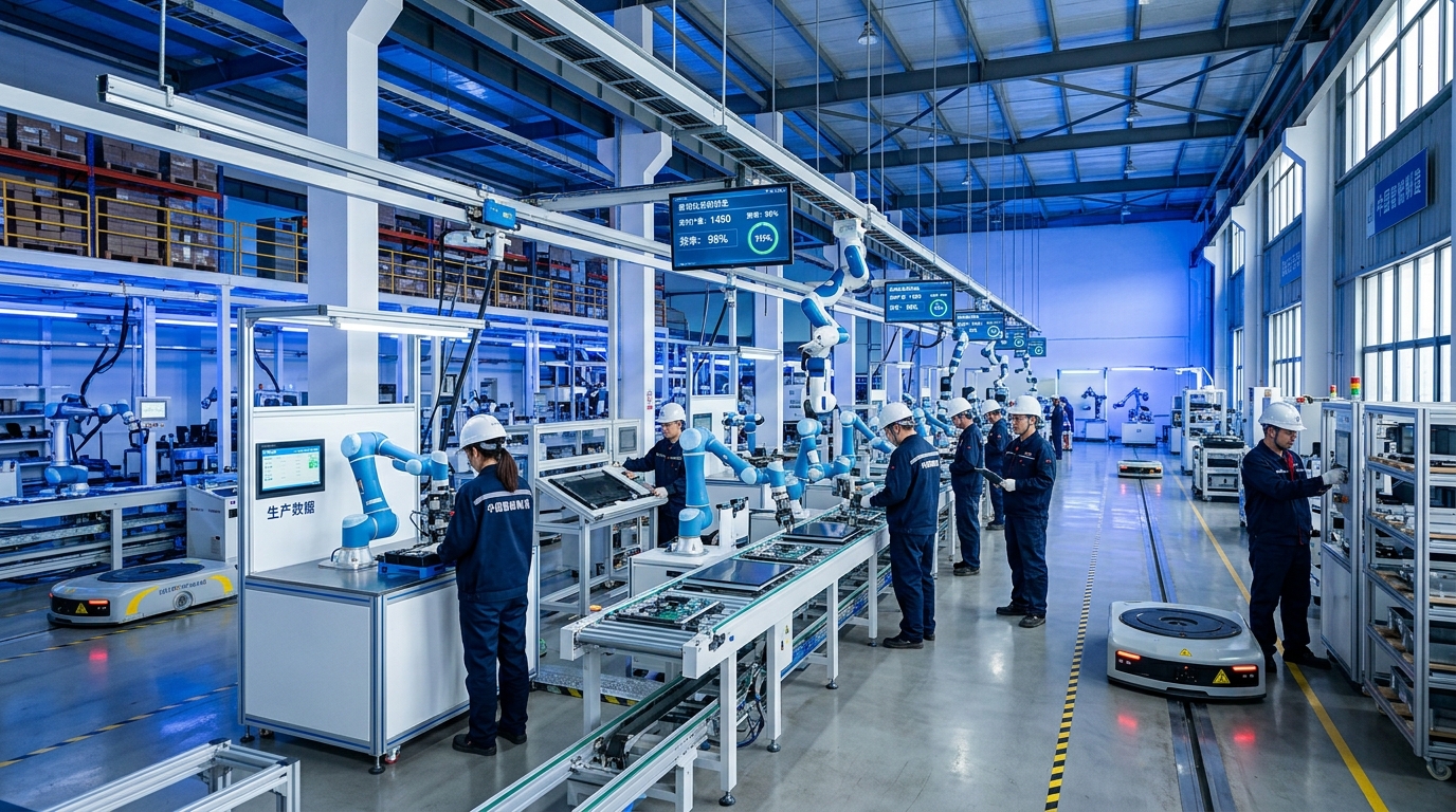 Usine intelligente chinoise avec robots collaboratifs et opérateurs humains