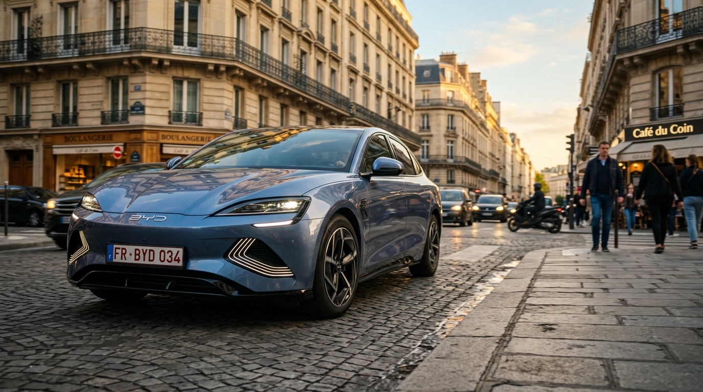 Véhicule électrique BYD dans une rue européenne
