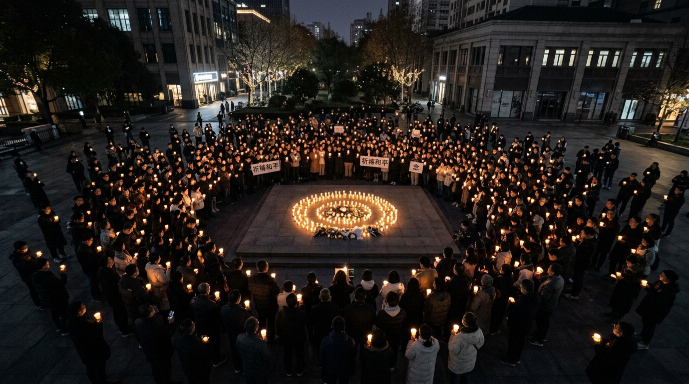 Veillée aux bougies en hommage à une victime dans une place publique la nuit