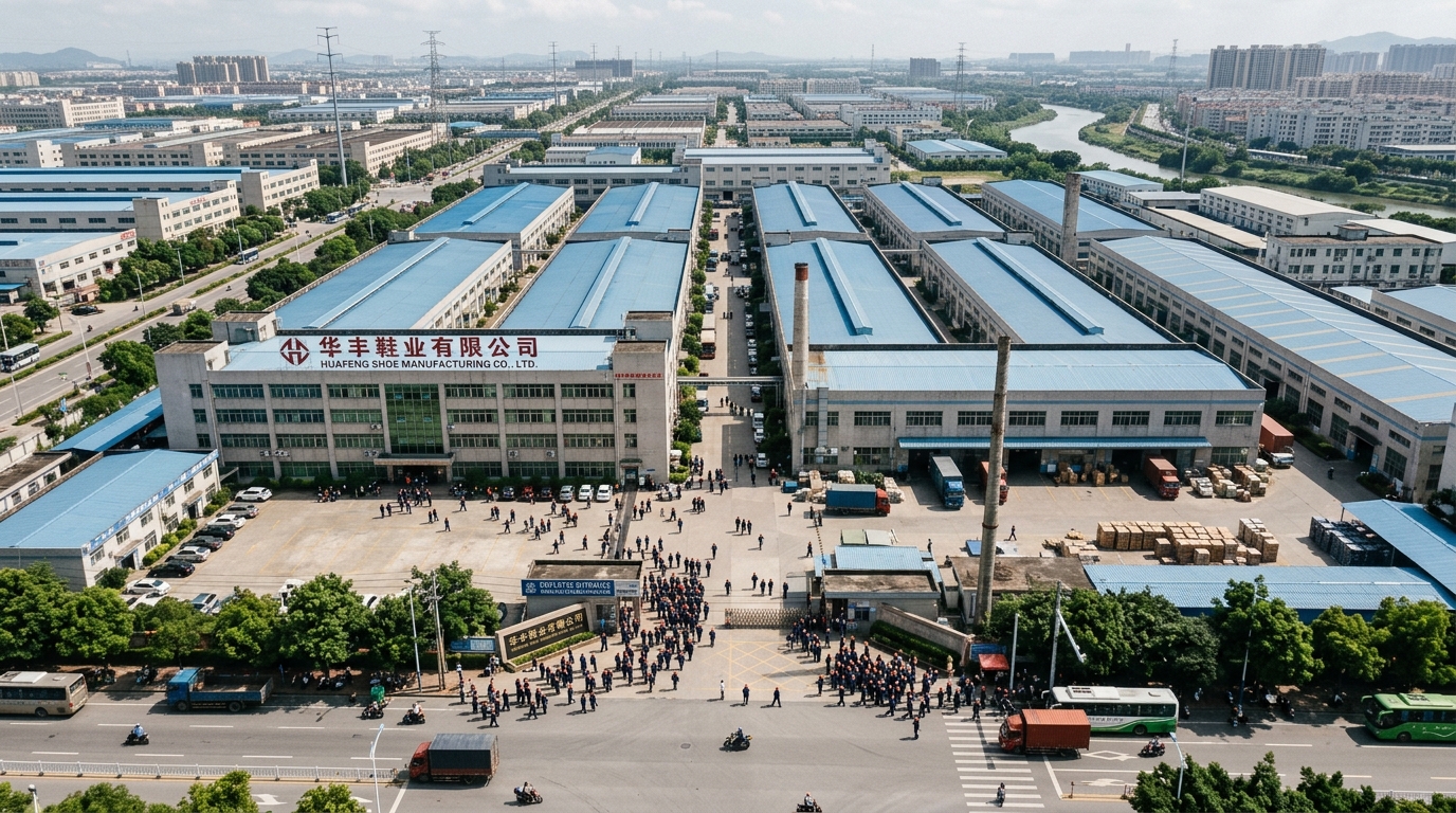 Vue aérienne d'une usine de fabrication de chaussures en Chine