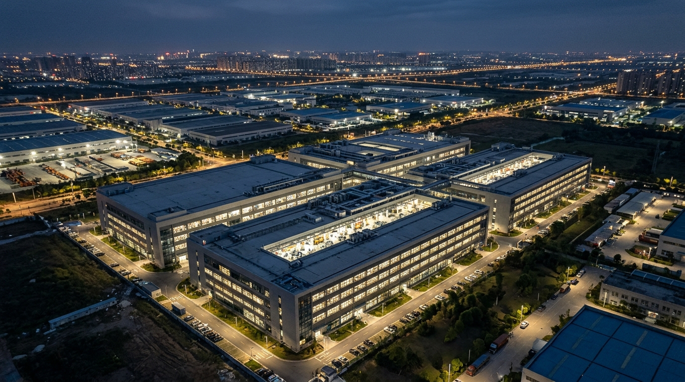 Vue aérienne d'une usine de fabrication de semi-conducteurs en Chine la nuit