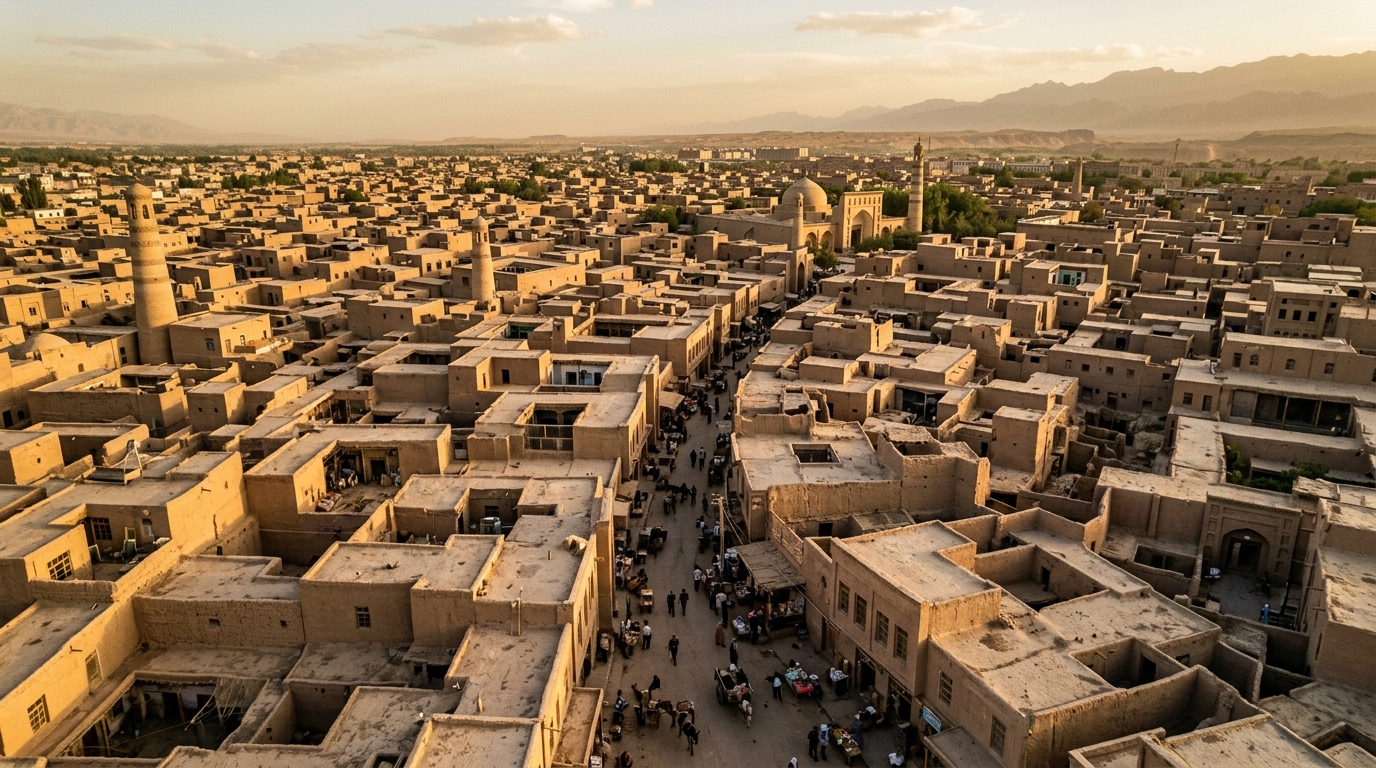 Vue aérienne d'une vieille ville ouïghoure au Xinjiang en Chine