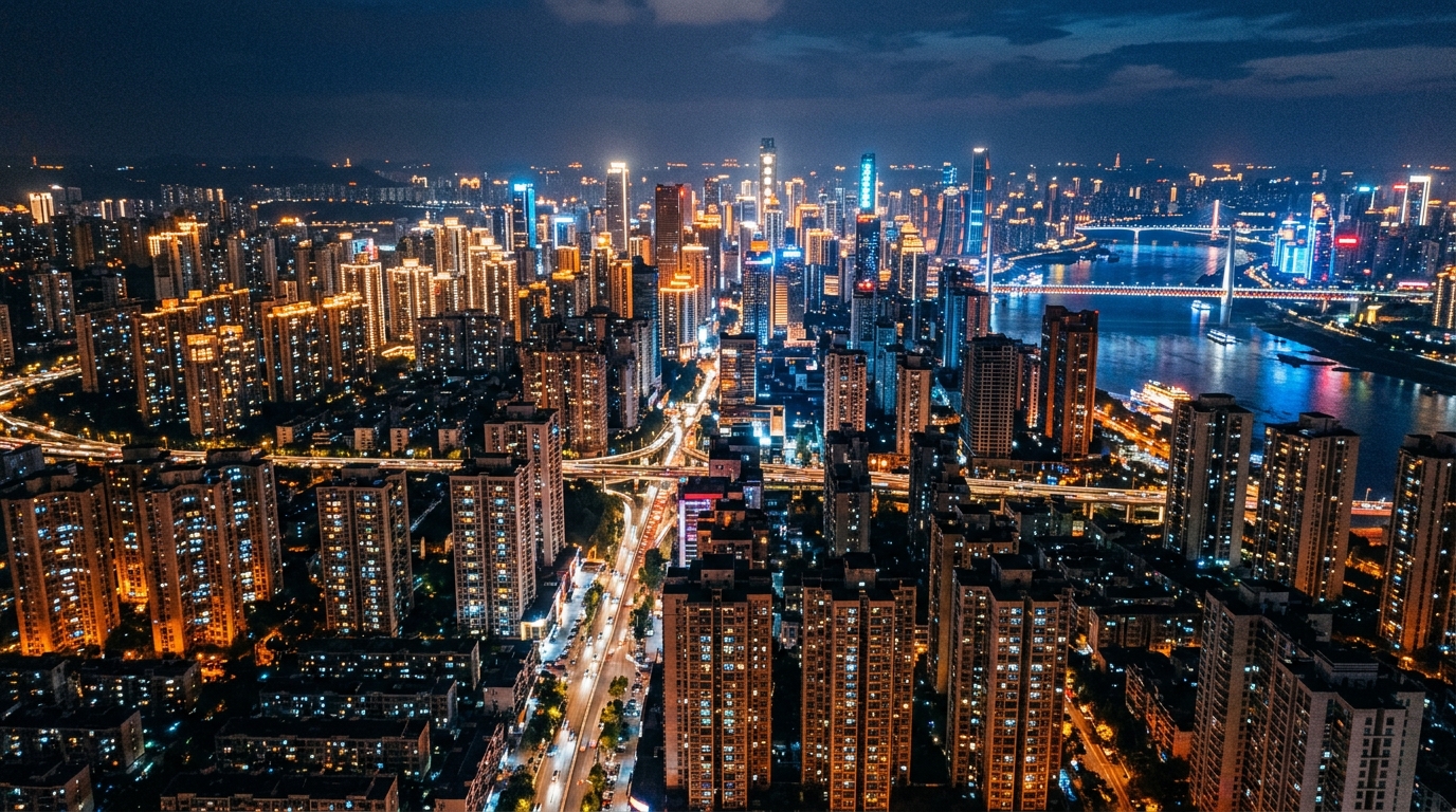Vue aérienne d'une ville chinoise la nuit avec des écrans allumés
