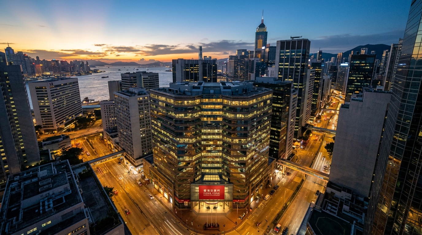 Vue aérienne de la Bourse de Hong Kong au crépuscule