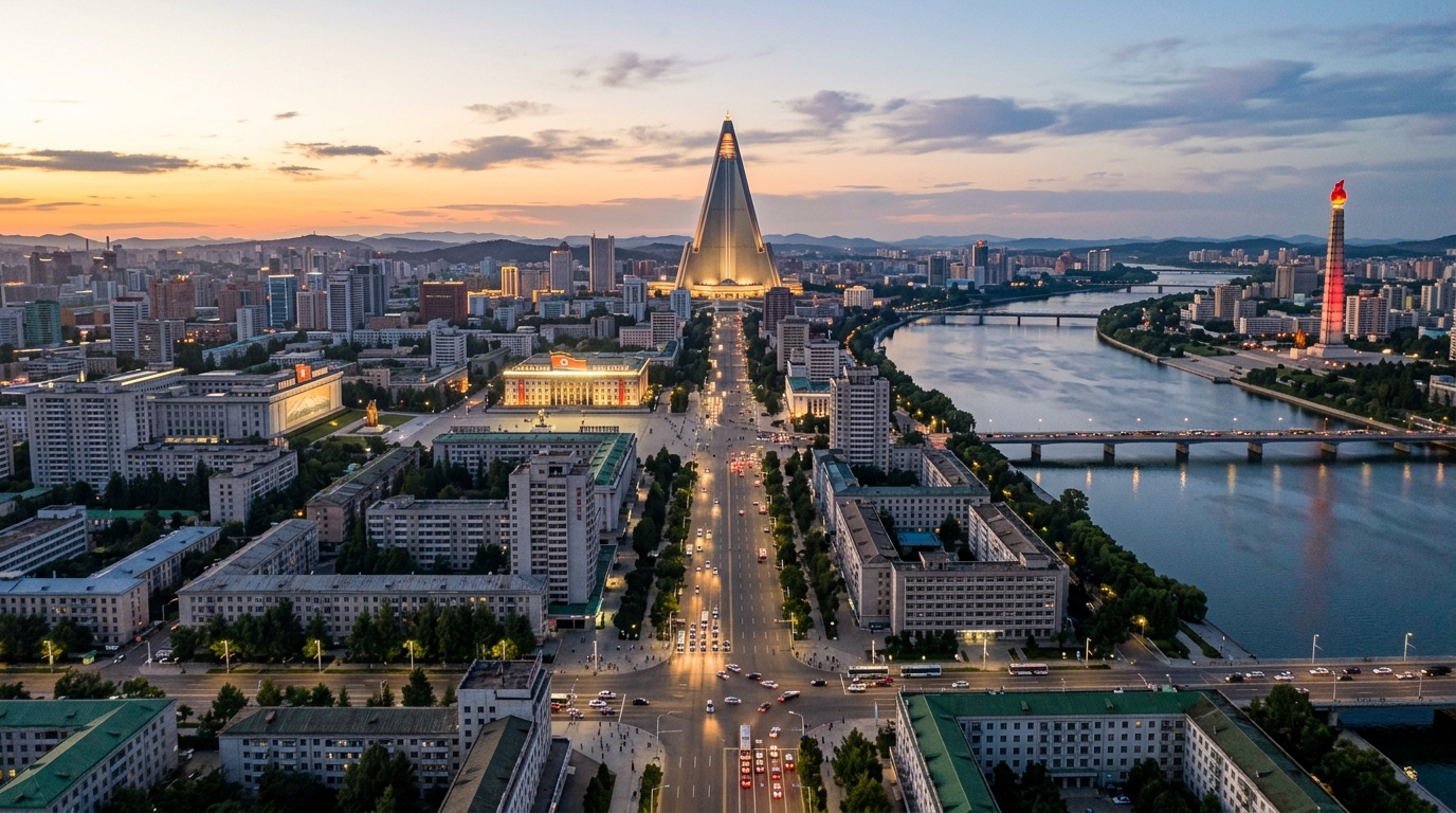 Vue aérienne de Pyongyang au crépuscule