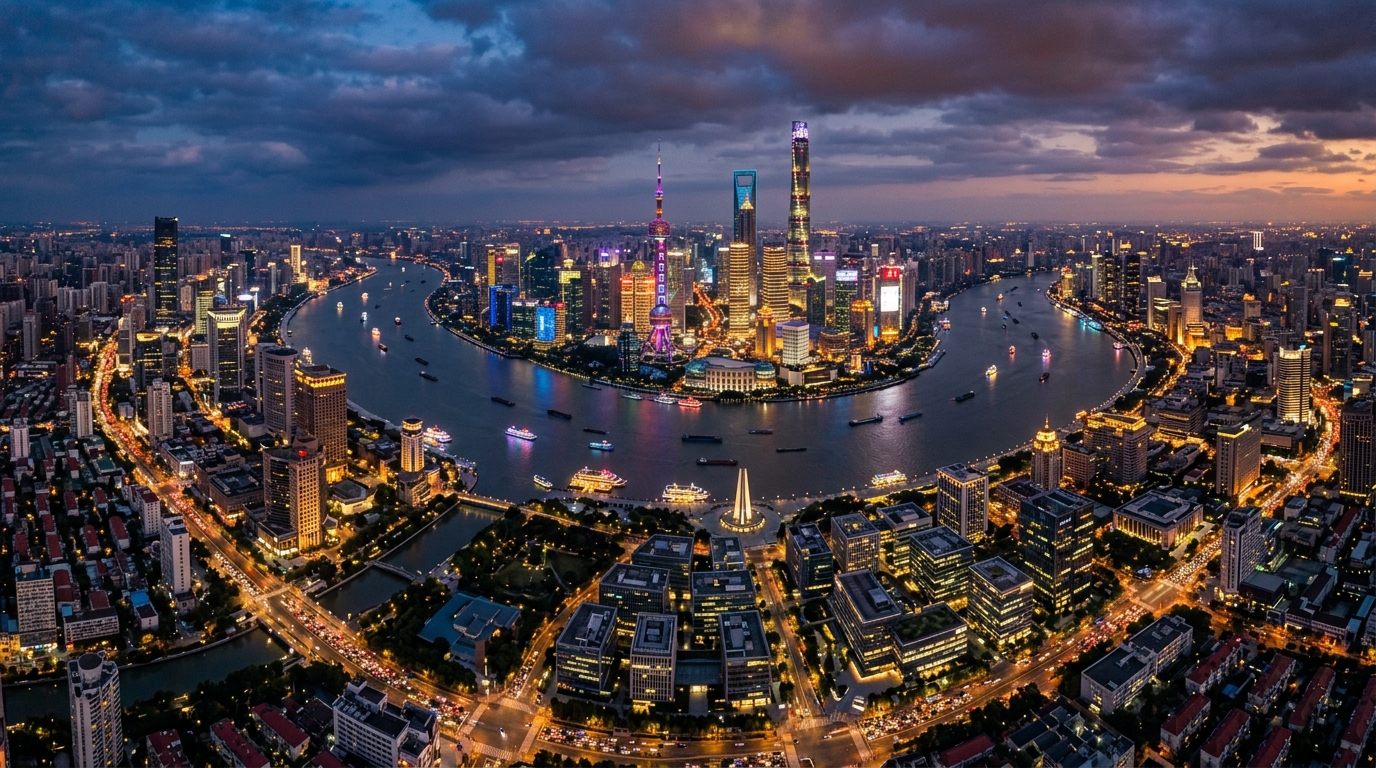 Vue aérienne de Shanghai au crépuscule avec ses tours technologiques illuminées