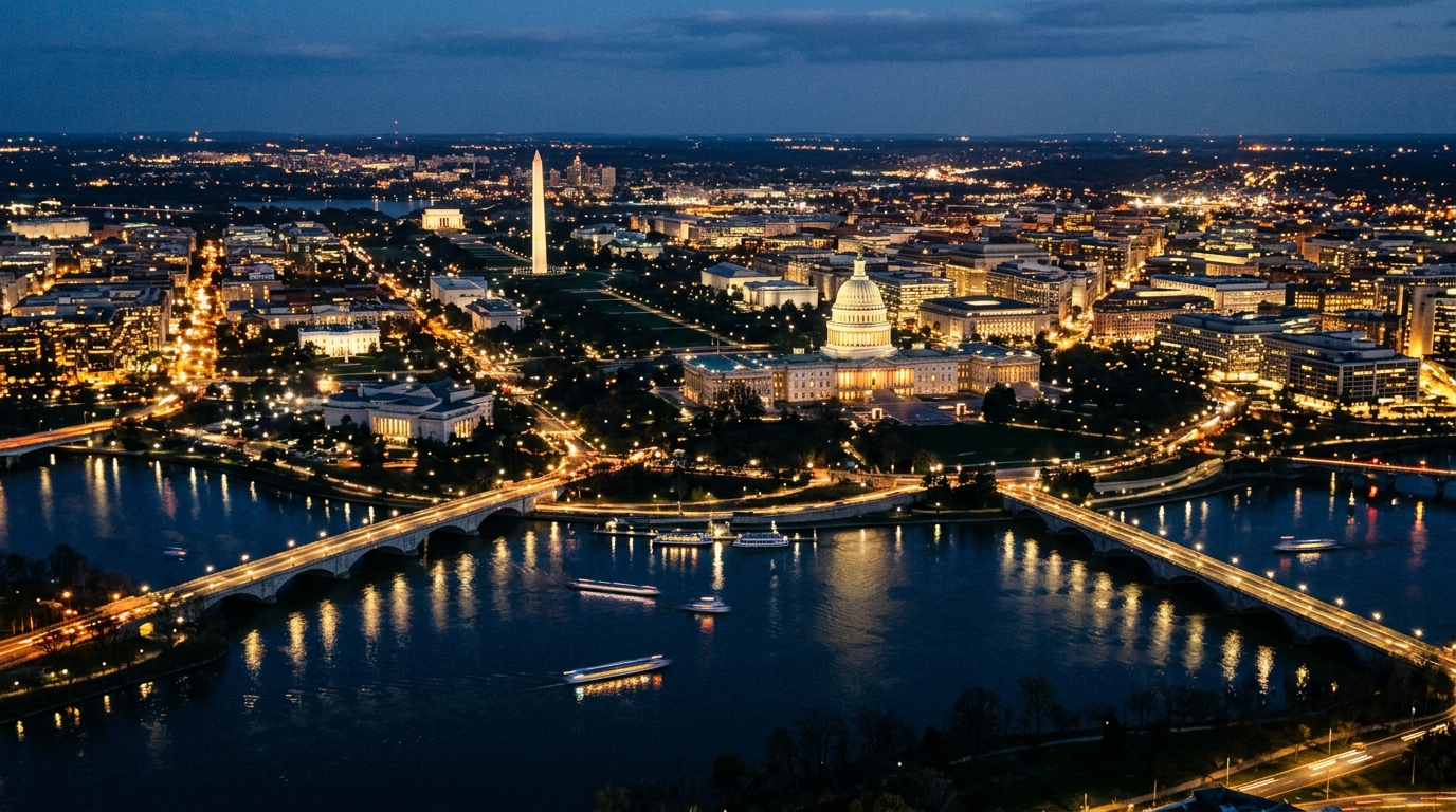 Vue aérienne de Washington DC la nuit avec le Capitole