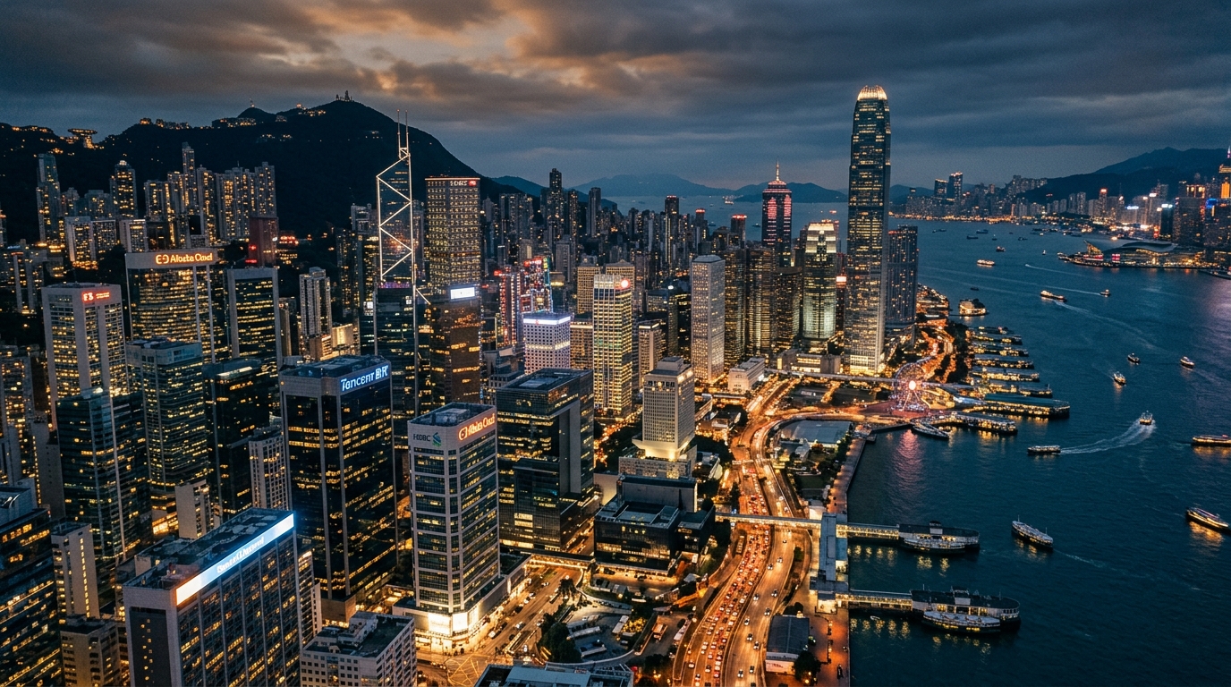 Vue aérienne du quartier financier de Hong Kong au crépuscule