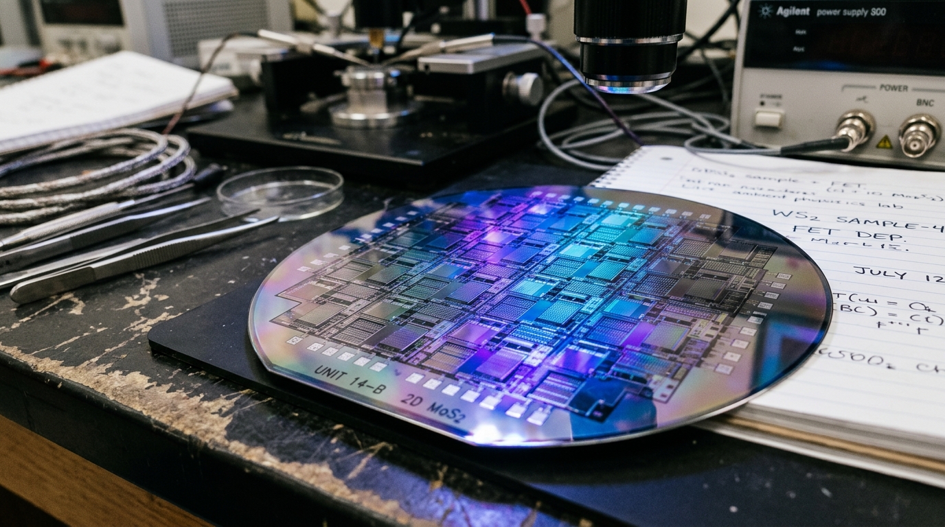 Wafer de semi-conducteur 2D en gros plan sous éclairage de laboratoire