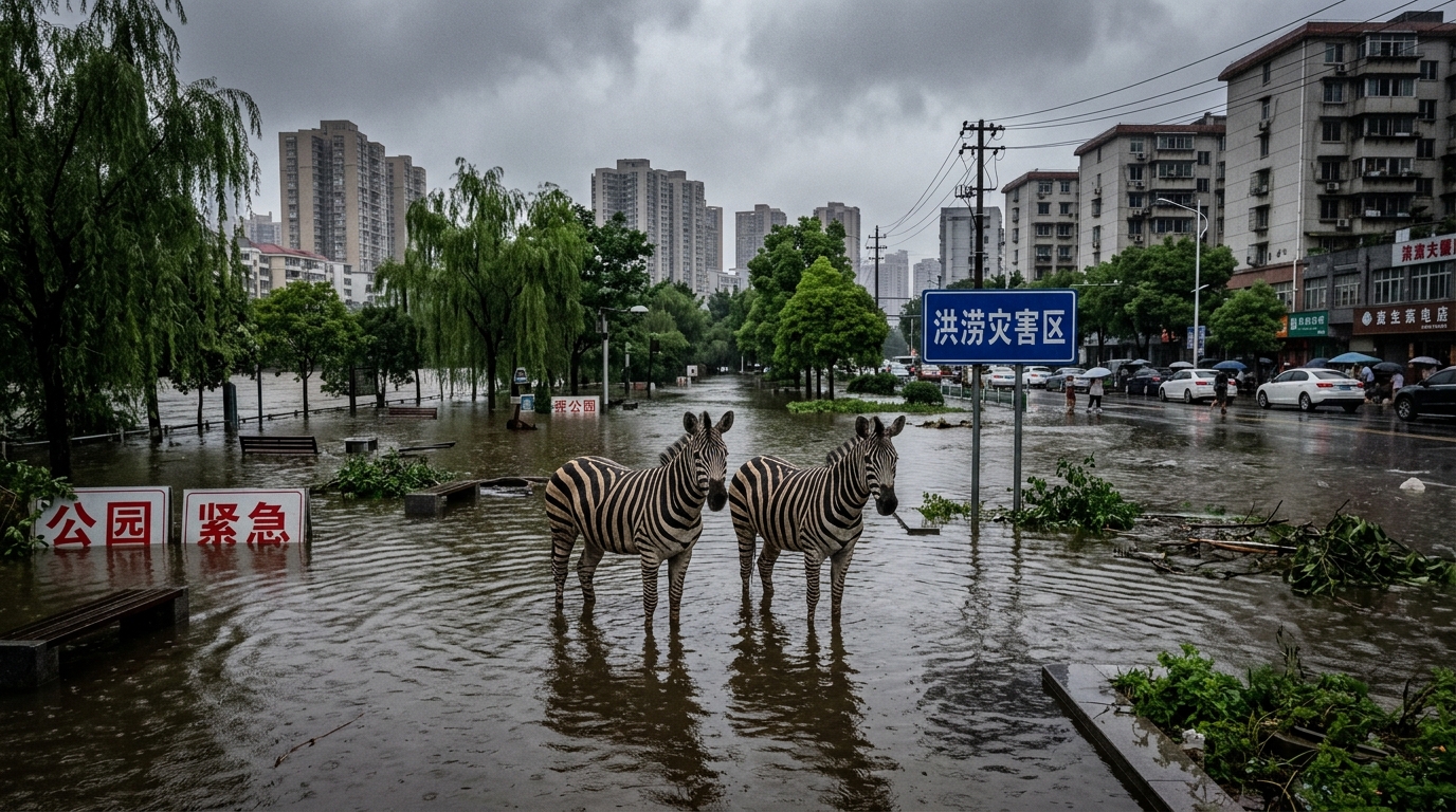 Zèbres en liberté dans un parc inondé en Chine