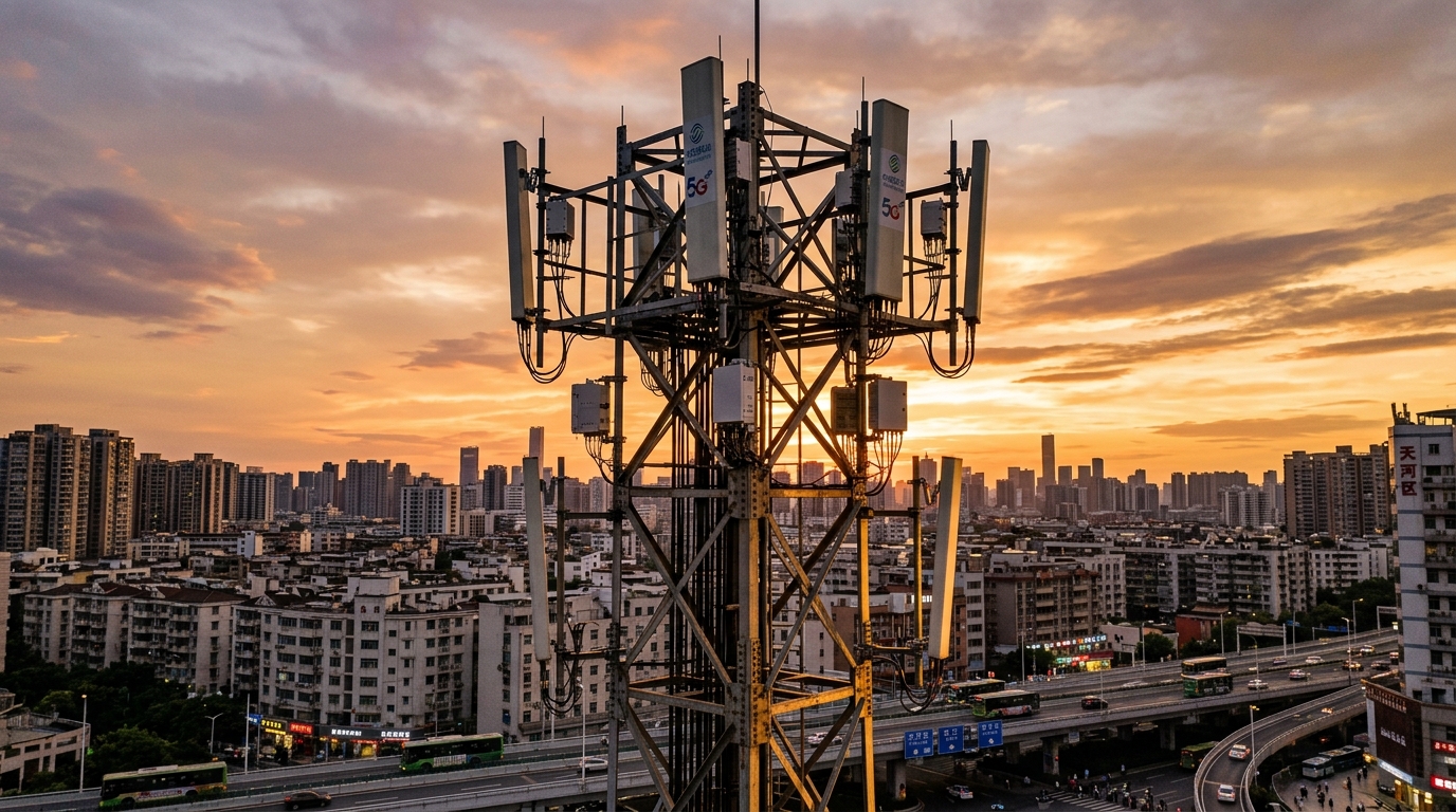 Antenne 5G dans une ville chinoise au coucher du soleil