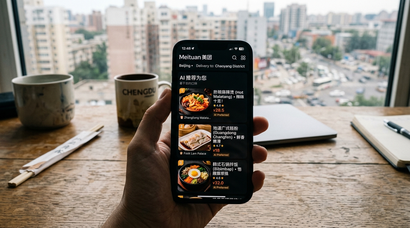 Application de livraison de repas chinoise avec recommandations IA sur smartphone