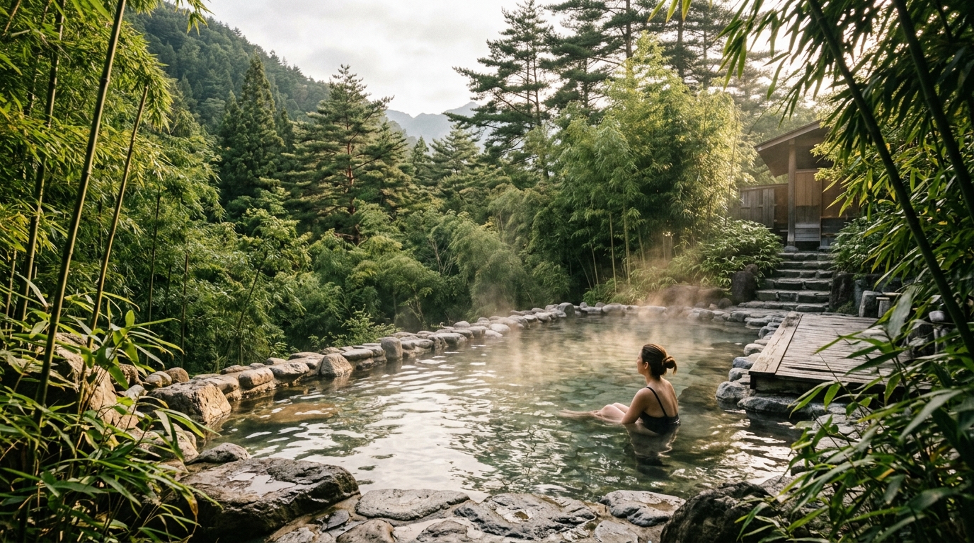 Bassin thermal privé avec vue sur la forêt de bambous dans un resort de montagne
