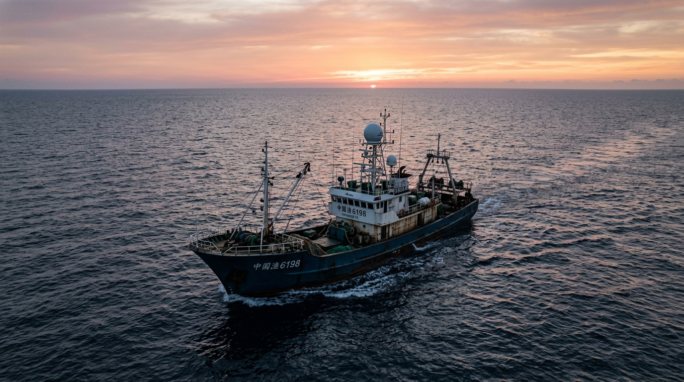 Bateau de pêche en mer équipé d'une antenne satellite IoT