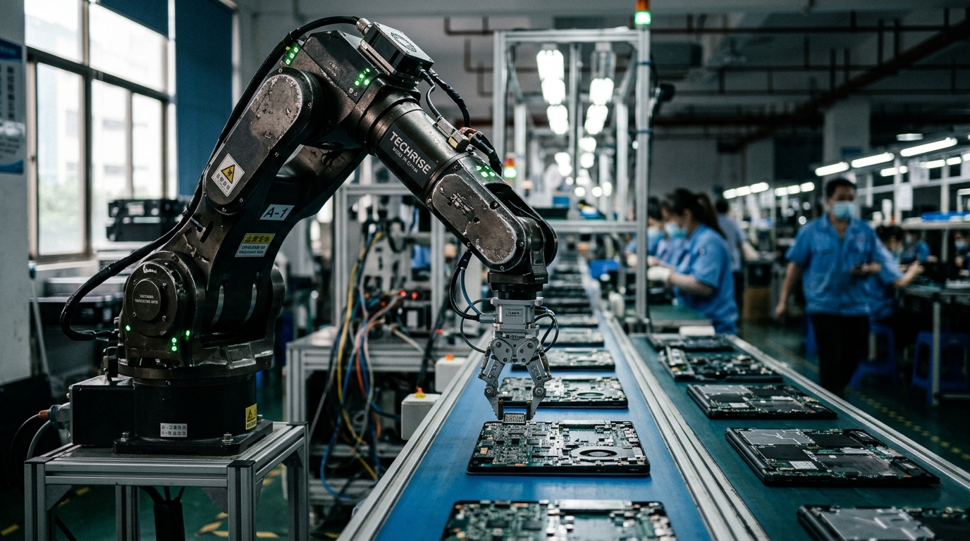 Bras de robot humanoïde effectuant une tâche industrielle précise