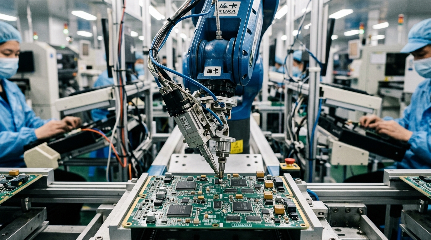Bras robotique assemblant des composants électroniques dans une usine en Chine