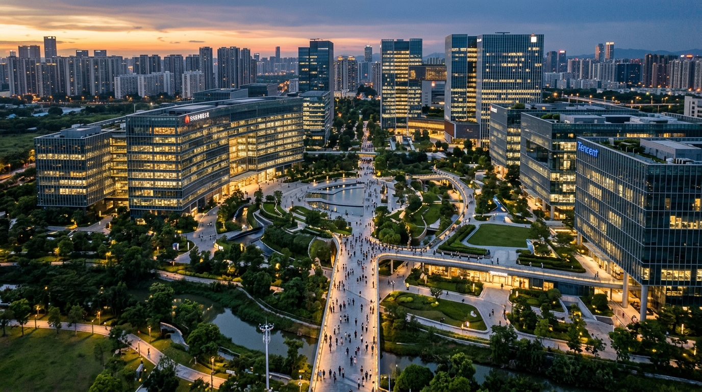 Campus d'une grande entreprise technologique chinoise au coucher du soleil