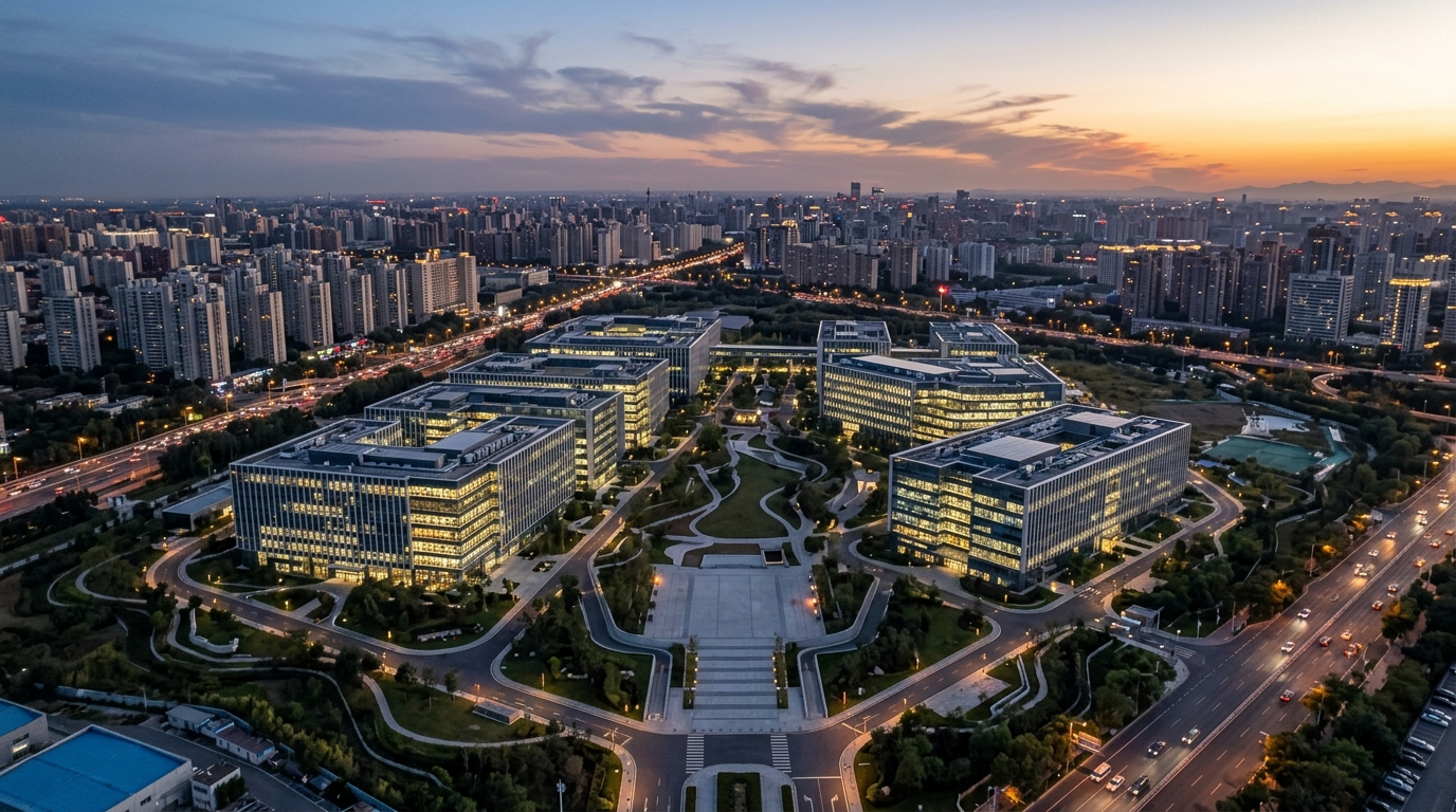 Campus de recherche en intelligence artificielle à Pékin au crépuscule