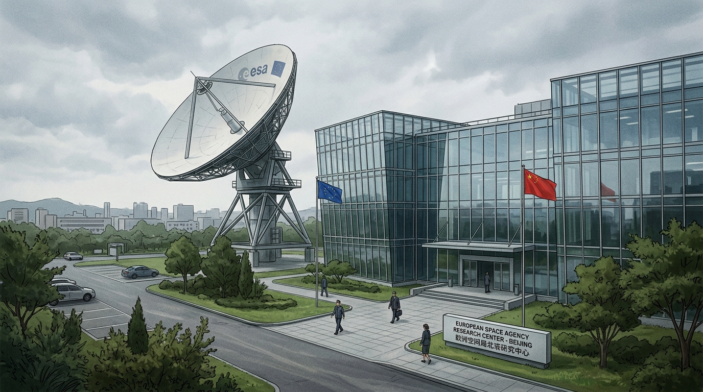 Centre de recherche spatial européen avec antenne parabolique