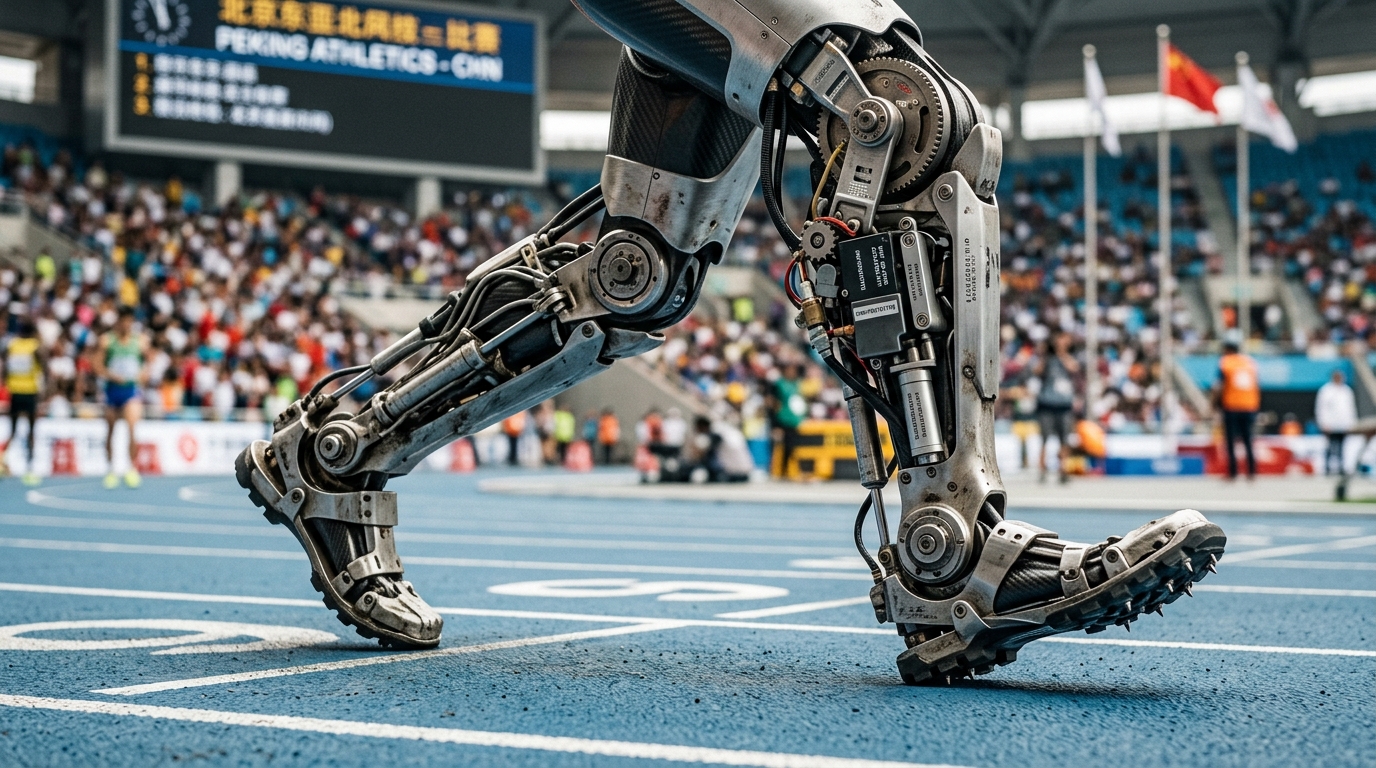 Détail des jambes mécaniques d'un robot humanoïde en course