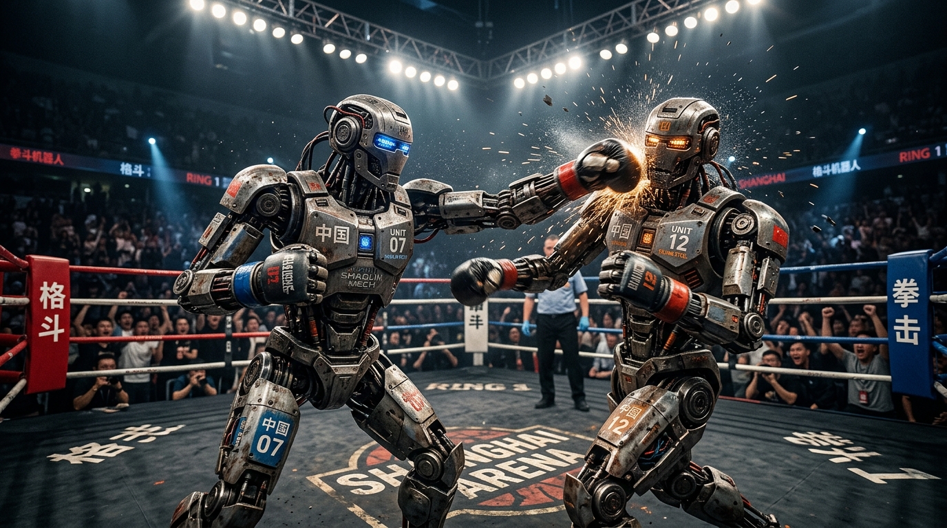 Deux robots humanoïdes s'affrontent en boxe lors d'une compétition à Pékin