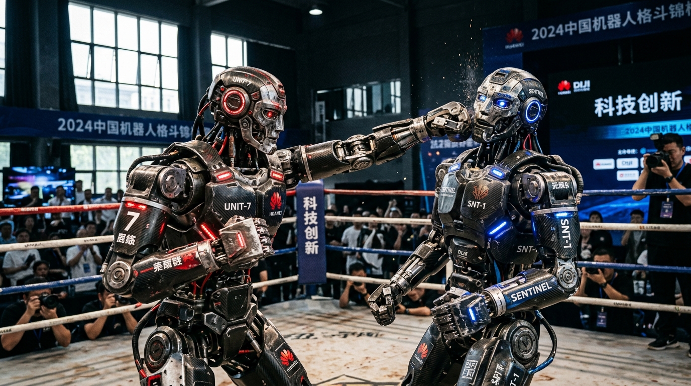 Deux robots humanoïdes s'affrontent en boxe lors de la compétition internationale à Pékin