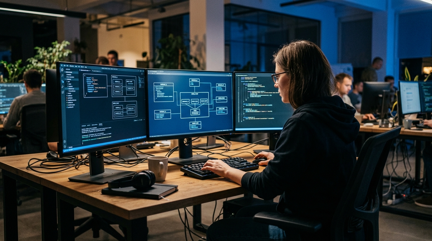 Développeur travaillant sur une architecture modulaire de code IA