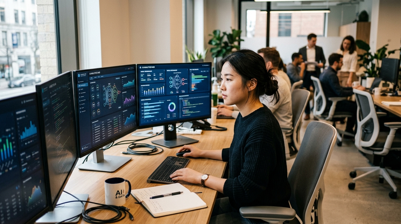 Développeur utilisant une interface d'intelligence artificielle sur plusieurs écrans