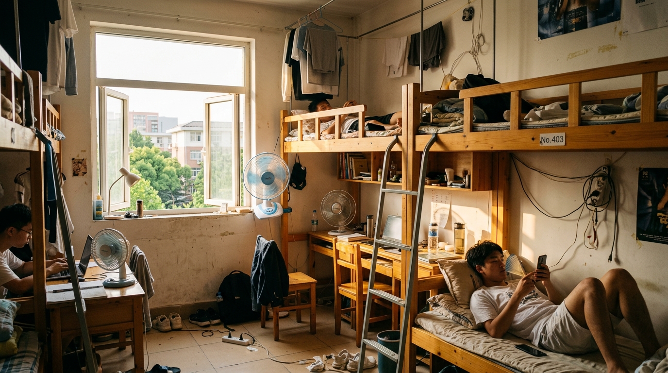Dortoir universitaire chinois en été sans climatisation