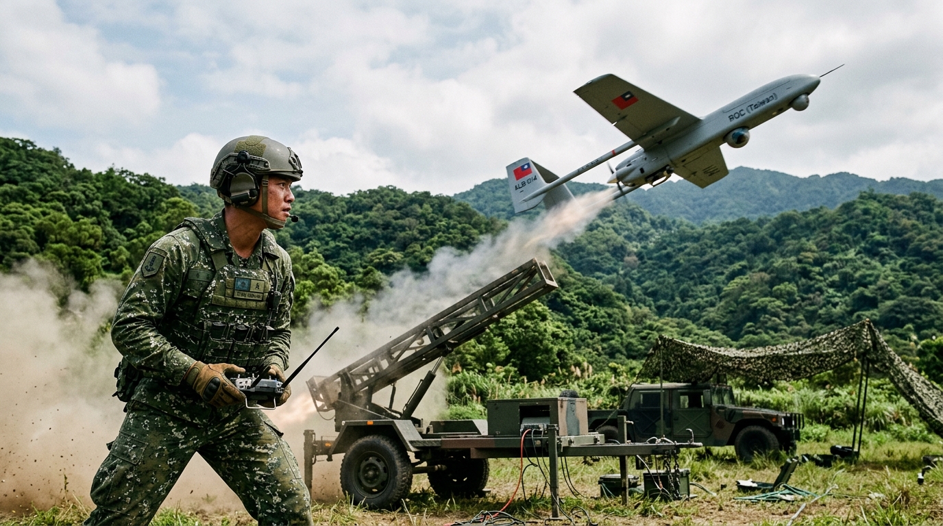 Drone militaire taïwanais prêt au lancement lors d'un exercice de défense