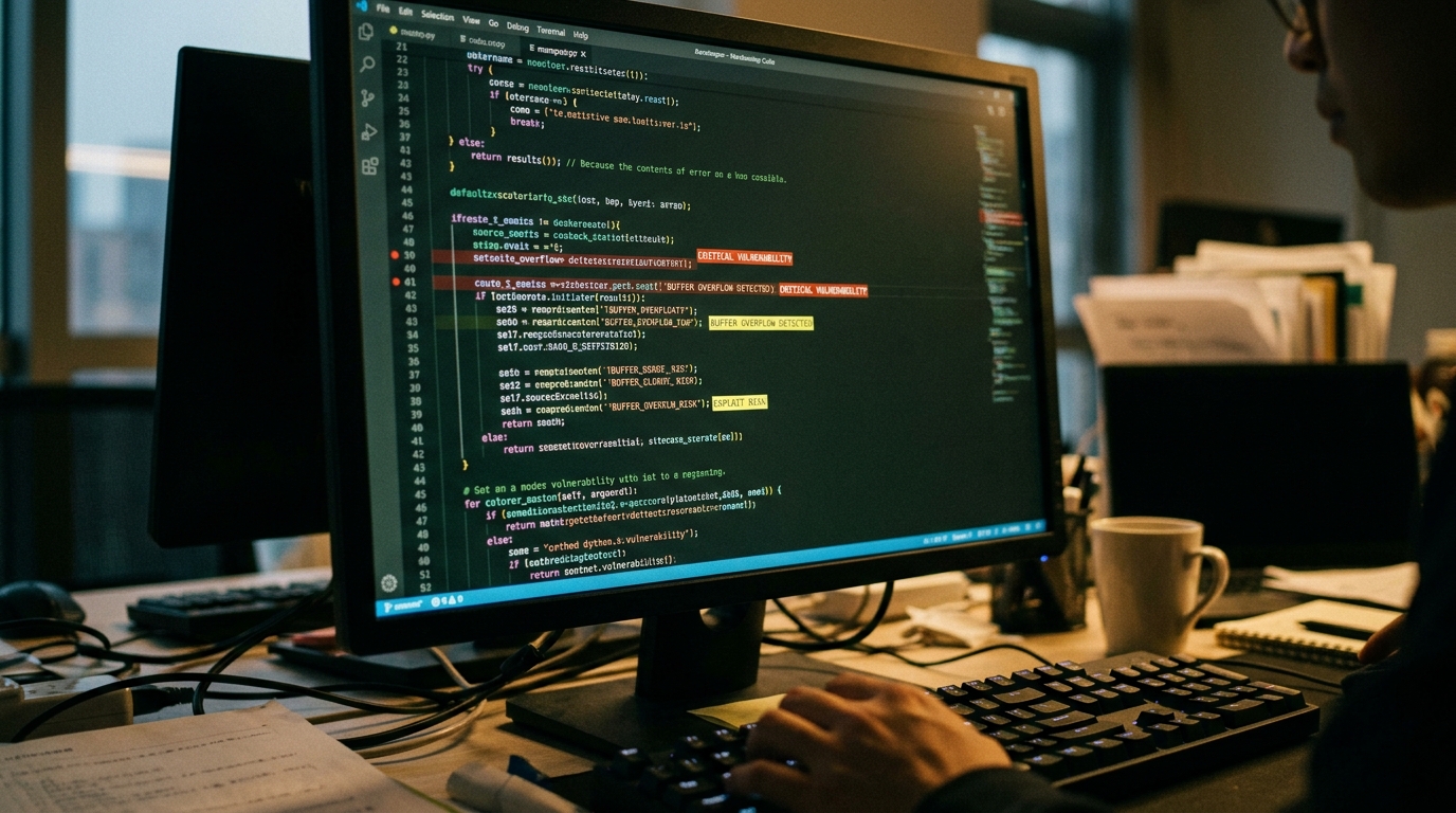 Écran d'ordinateur affichant du code source avec des marqueurs de vulnérabilités de sécurité