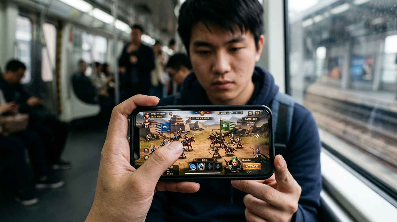 Écran de smartphone avec un jeu de stratégie mobile à thème Trois Royaumes