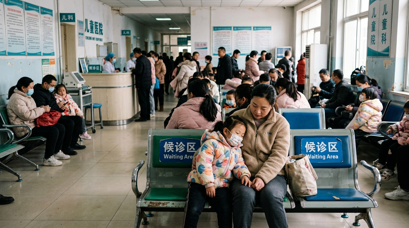 Enfant et parent dans une salle d'attente d'un hôpital pédiatrique en Chine