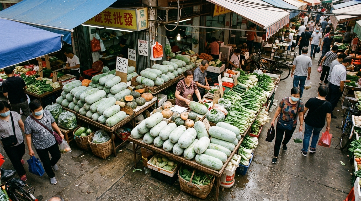 Étal de marché chinois avec des melons d'hiver alignés