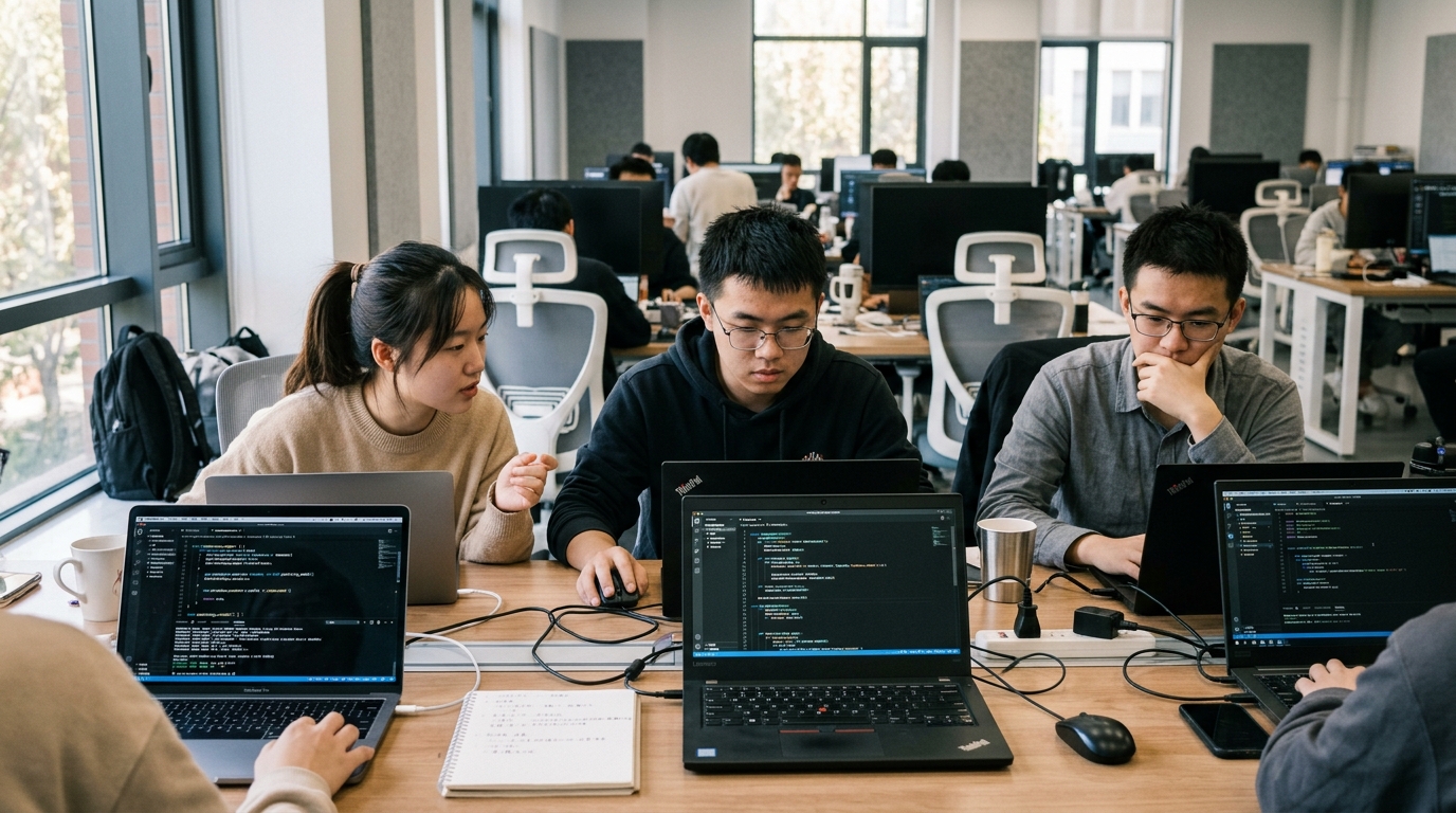 Étudiants en informatique dans un laboratoire universitaire chinois
