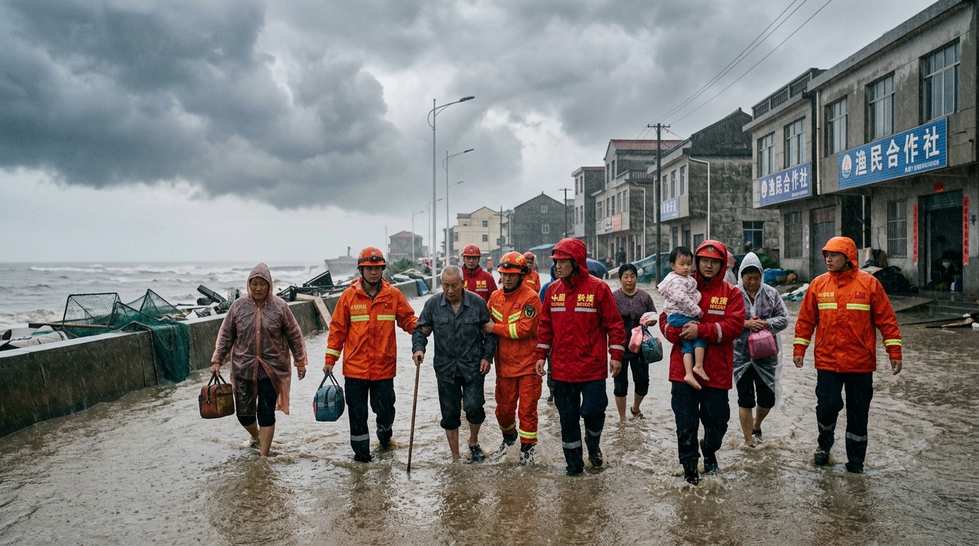 Évacuation de civils le long d'une route côtière en Chine sous la pluie
