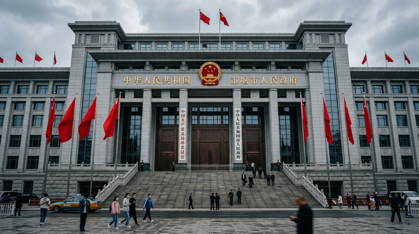Façade d'un bâtiment gouvernemental chinois avec bannières rouges et emblème doré