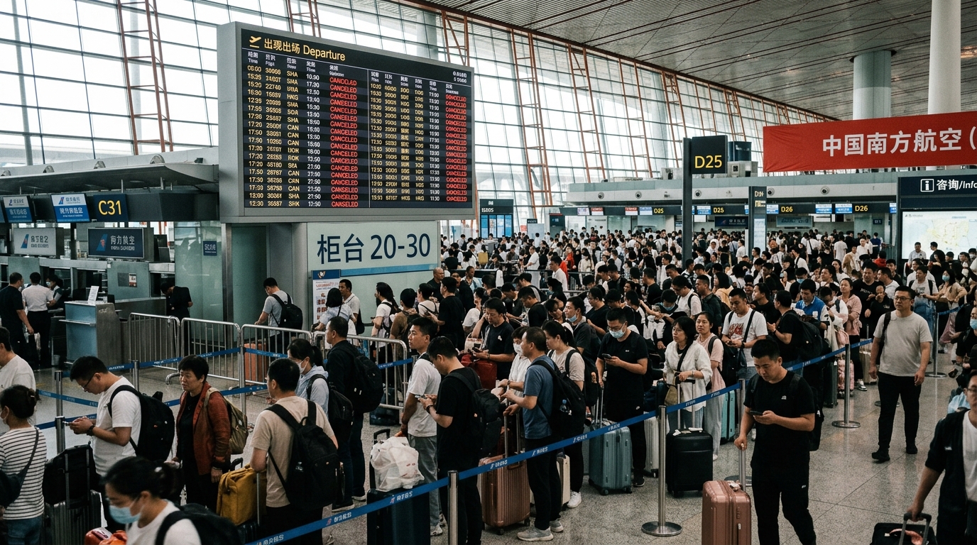 File d'attente de passagers dans un aéroport de Shanghai lors des annulations dues au typhon