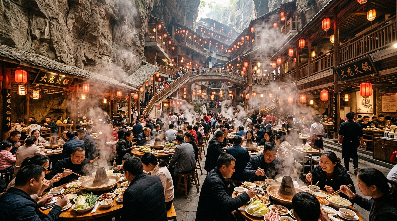 Grand restaurant de hot pot de Chongqing sur plusieurs étages dans la montagne