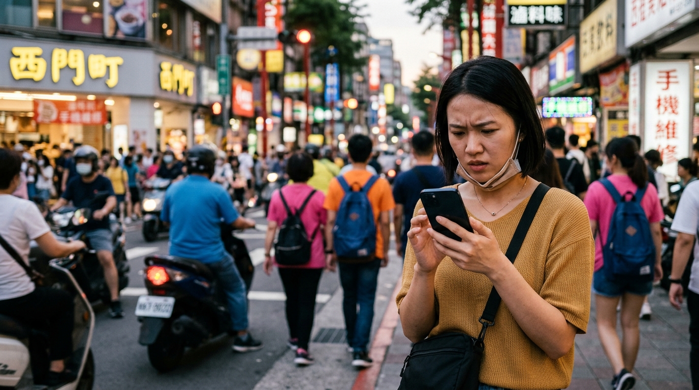 Habitant de Taïwan devant un smartphone sans réseau dans une rue animée
