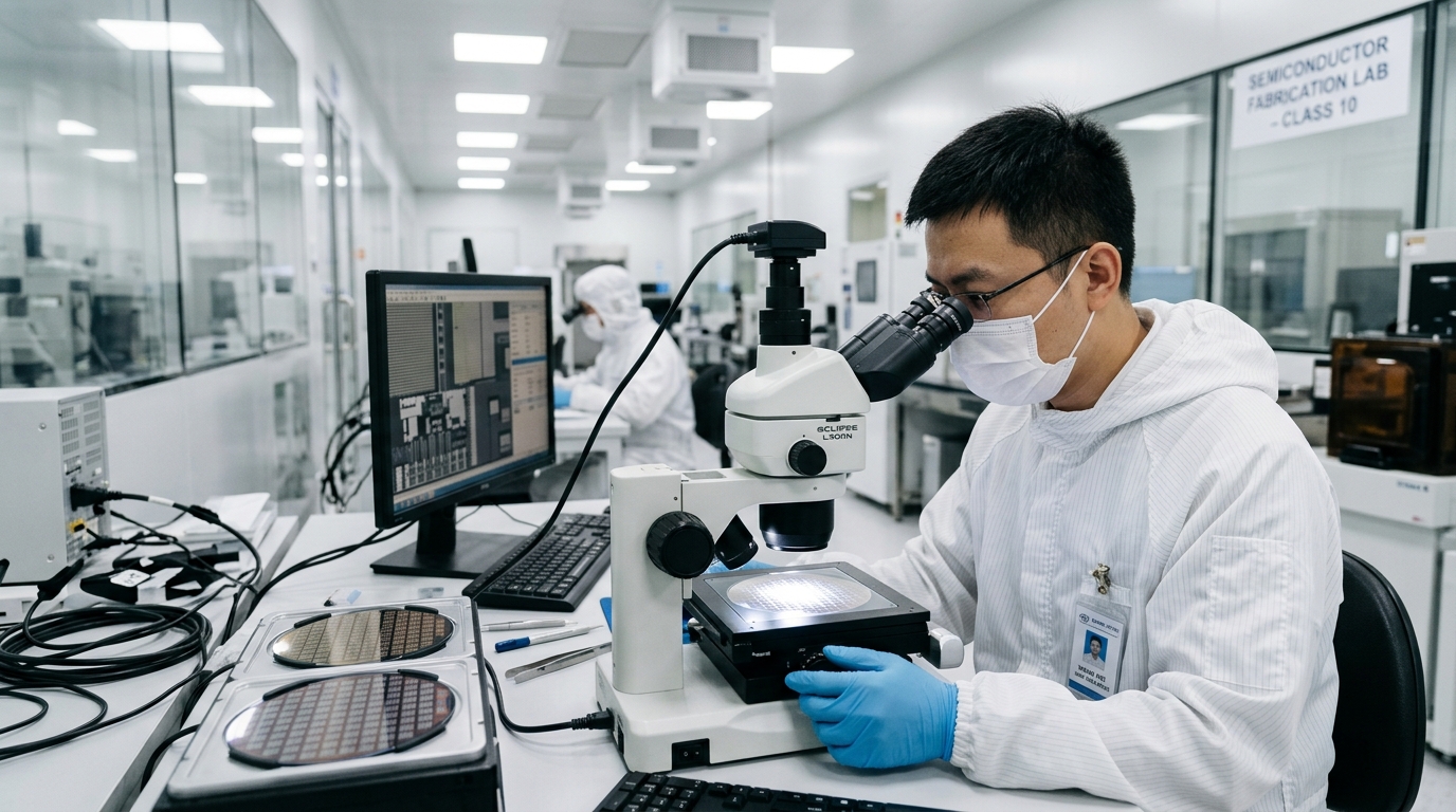 Ingénieur chinois examinant des wafers de semi-conducteurs en salle blanche