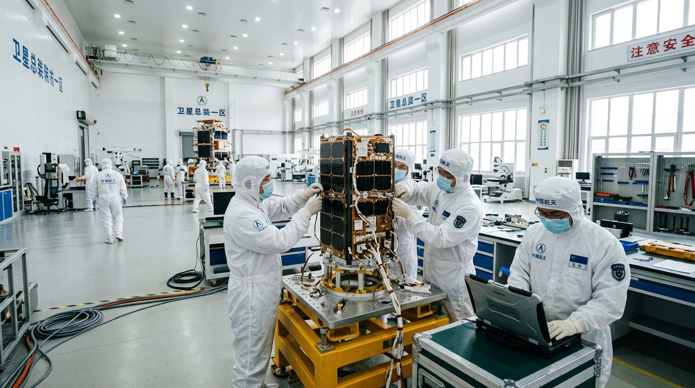 Ingénieurs assemblant un satellite IoT dans une salle blanche en Chine