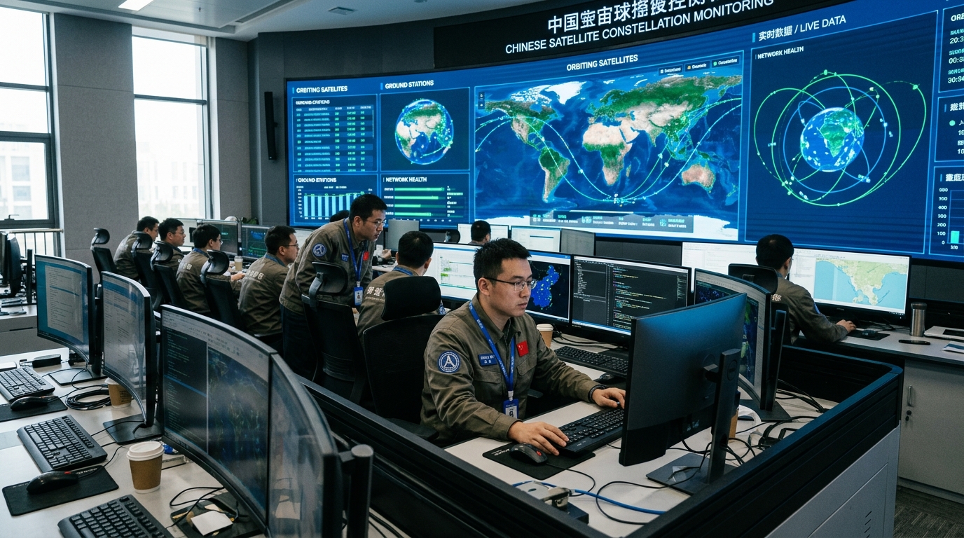 Ingénieurs chinois surveillant une constellation de satellites de calcul orbital