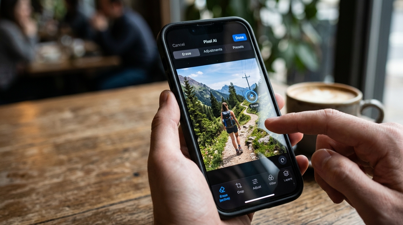 iPhone avec outil de retouche photo IA en cours d'utilisation
