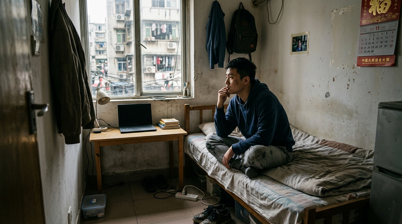 Jeune homme chinois assis au bord d'un lit dans un petit appartement urbain
