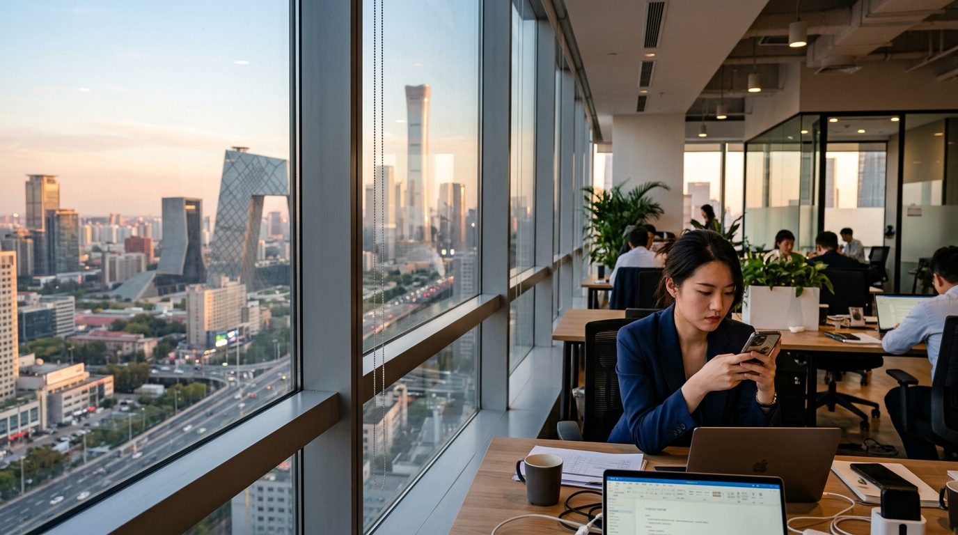 Jeune professionnel utilisant un agent IA sur son smartphone à Pékin