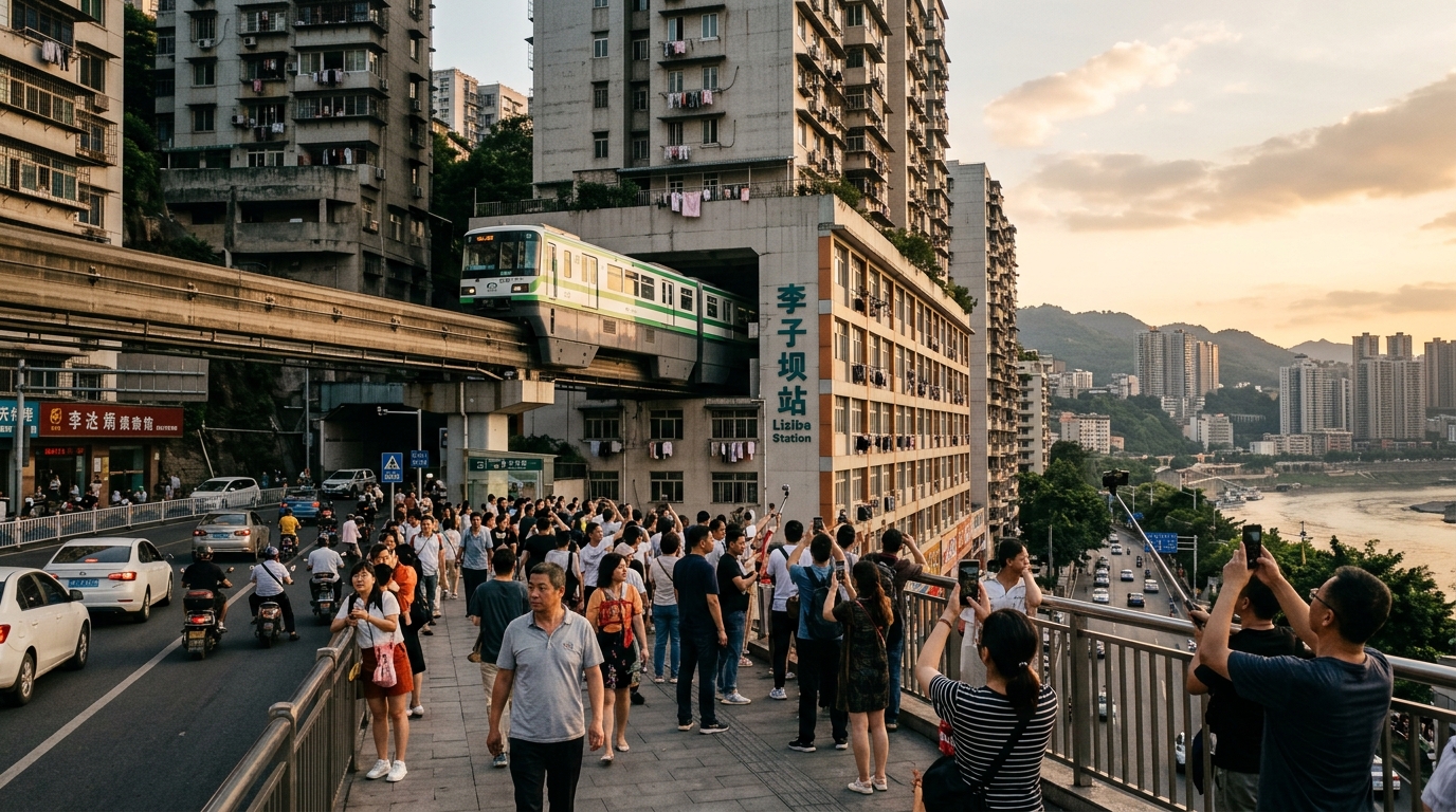 Le métro de Chongqing qui traverse un immeuble résidentiel à la station Lijiaba
